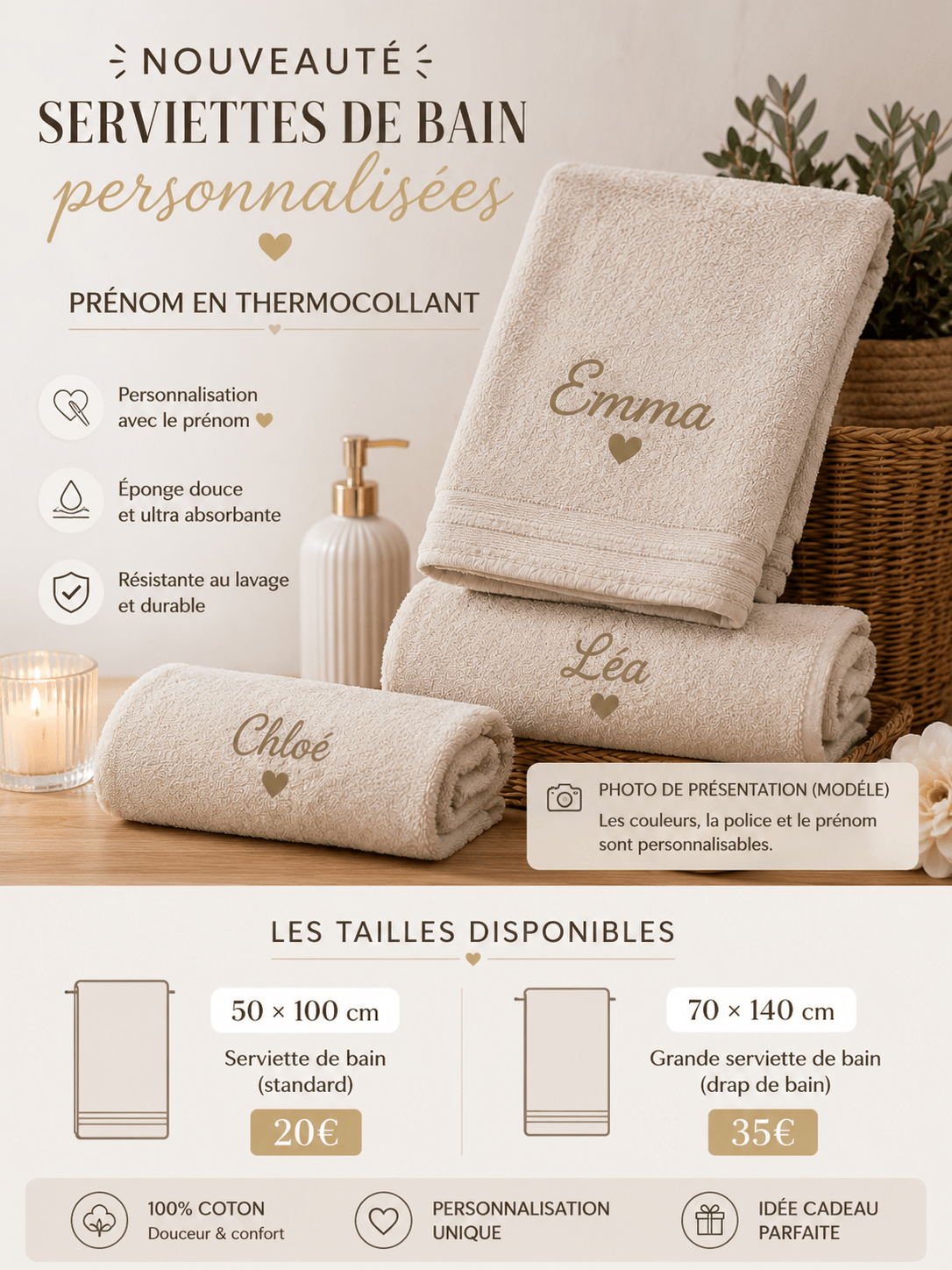 Serviette de bain personnalisée – Prénom en thermocollant